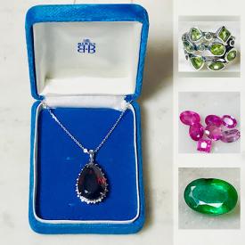 MaxSold Auction: This online auction features JEWELRY AND GEMSTONES: 27.57 ct tcw Rubellite 14K wihte gold diamond necklace, and other pendants; pink, blue, green, purple sapphires; emeralds, garnets, citrine, blue topaz, aquamarine, amethyst gemstones; mixed green peridot ring and other rings and much more!