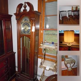 MaxSold Auction: This online auction features ANTIQUE: Macneale and Urban safe and lock Co. safe, Hamilton, Ohio. FURNITURE: Hitchcock style dining chairs and rocker, as well as a matching dining room suite consisting of a table, china hutch and buffet. Brass head/footboards; many occasional tables. Colonial grandfather clock, England. TOOLS. CHINA: Assortment of makers gold rimmed dishes and serving pieces; Liberty Blue "Histroric Colonial Scenes" blue and white dishes. SILVER PLATE. CRYSTAL/GLASS: Cut/pressed serving pieces; glass fruit and veggies and much more.