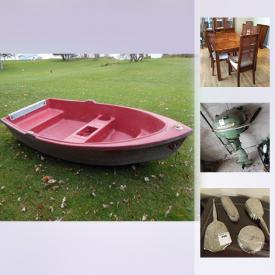 MaxSold Auction: This online auction features mid century modern dining room table, chairs, side board and hutch, fine china tea cups and saucers, sterling silver vanity sets, Frigidaire refrigerator, Maytag dehumidifier, outboard motors, nautical decor and art and much more!