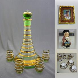 MaxSold Auction: This online auction features several Staffordshire character mugs; vintage postcards; several concrete garden ornaments. GLASS: Green and gold decanter with four glasses; pink glass; Swarovski mini duck. ART: Framed oil painting and much more!