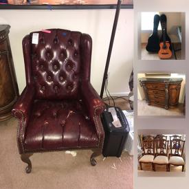 MaxSold Auction: This online auction features 6 wood dining chairs with gold scroll and floral decor, wood dining table with floral scroll and marble decor, Wooden buffet table with marble top, Musical Instruments, yard Tools, tool rack and much more.