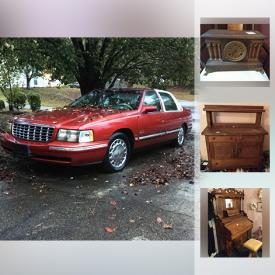 MaxSold Auction: This online auction features a 1997 Cadillac Deville automobile. ANTIQUE: Monarch organ; chest of drawers with mirror, secretary. VINTAGE: Hoosier cabinet; mantel clock; school desks; washstand; copper pots and pans. Leisure Bay pool table and accessories. New Charbroil tru infared oil less turkey fryer. FURNITURE: Many pieces wicker - yellow, off white, black pieces and more! Silver and silver plate. CRYSTAL/GLASS: Cut/pressed serving pieces. CHINA: Christmas dishes. Blue and white ceramics. JEWELRY: Costume with semi-precious stones and much more!