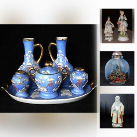 MaxSold Auction: This online auction features CHINESE AND JAPANESE china, pottery, silk art. ANTIQUE Canadian bulb planter by Medalta Potteries as well as Beauceware, Hillstonia, and Poole Potteries. COLLECTIBLE: Glass - Black amethyst, pink depression, Fenton ruby vase. Canadian pewter; handmade quilts; figurines - shoes, figural - Dresden, Capodimonte; Royal Doulton character mugs; Delfts; bells; snuff bottles; Moriage style pottery. CHINA: 80 H & Co Selb Bavaria service for 8 plus extras; teacup sets and much more!