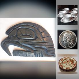 MaxSold Auction: This online auction features COLLECTIBLE: Signed by artist First Nations plaque; Avon; comics; glass vases; coins; bone china floral; spoons. JEWELRY: Amethyst earrings. China: B & C Limoges tureen and much more!