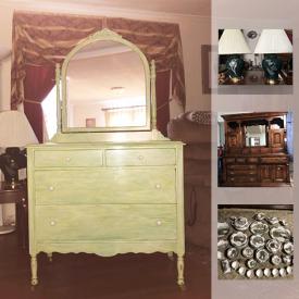 MaxSold Auction: This online auction features FURNITURE: Tall standing tilt mirror; lighted china hutch and dresser; vintage dresser with tilt mirror; bookstand. CHINA: "The Friendly Village" by Johnson Bros service for 10 and much more!