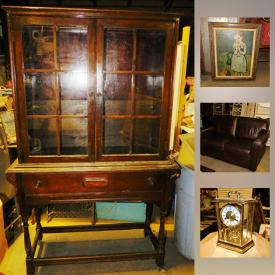 MaxSold Auction: This online auction features ANTIQUE: Hutch, harp table, dining table in two parts, lantern and mirrors. FURNITURE: Brown leather love seat, Sligh executive desk, plus two others. LIGHTING: Chandeliers, pendant, floor. COLLECTIBLE: Militaria/Presidential; Beanie Babies. ART: Original and much more!