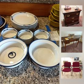 MaxSold Auction: This online auction features Royal Worchester dishes, Pfaltzgraff dishes, signed pieces of pottery, Dansk dishes, Waterford Plate, Montgomery Ward Sewing machine and table, dresser, armchair by Crestline Furniture, Vintage Rocker, Habersham Coffee Table and much more!