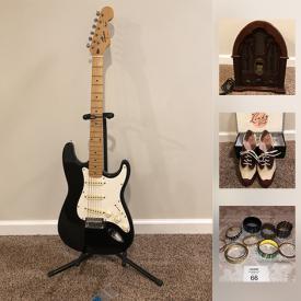 MaxSold Auction: This online auction features Squire Stratocaster By Fender Electric Guitar, Replica Cathedral AM FM Radio, Bangles, necklaces, Green Marmot Hooded Rain Jacket XSmall Women's, Lindy Bop Saddle Shoes Womens Size 8 and much more!