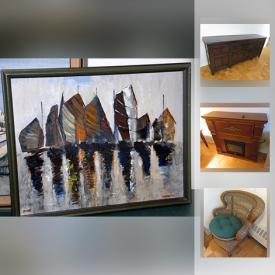 MaxSold Auction: This online auction features an area rug, electric fireplace, original Griffith painting, table linens, kitchen items, dinnerware, pots and pans, sterling and silverplated items, large buffet, brass and metal decor, Santa decor, vintage wicker chair, luggage, wall mirror, art, books and much more!