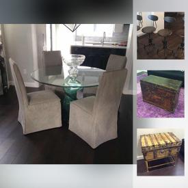 MaxSold Auction: This online auction features rustic bar stools, modern coffee table, modern decor, canvas print, modern leather mirror, accessories, sectional couch, decorative pillows, repro antique trunks, art, cowhide rug, metal drum tables, prints and much more!