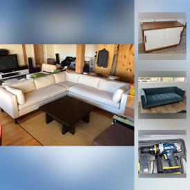 MaxSold Auction: This online auction features Crate and Barrel sectional sofa, Herman Miller desk, Modern Tots twin bed, modern furniture, plants, Radio Flyer wagon, Article blue sofa, men's suits, modern stools, art, dining room table, bins, bags, tools, toys and much more!