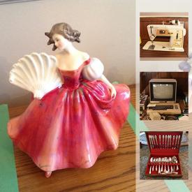 MaxSold Auction: This online auction features Royal Doulton, china, record player, Singer sewing machine, Commodore computer, vintage furniture, ceramic Christmas tree, cut glass and crystal, dishes, Monchichi monkeys, bookcase, art, sofa, costume jewelry and much more!