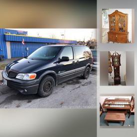 MaxSold Auction: This online auction features a 2004 Pontiac Montana van. COLLECTIBLE: Model car collection; horsebrass; spoons and display; decorative plates; tea cup sets. FURNITURE: Bauhaus queen hide-a-bed sofa, Kroehler loveseat, Dining room pieces, Malcolm bedroom suite, vintage bench, vintage turquoise painted pressback chairs. Howard Miller grandfather clock. APPLIANCES: Whirlpool fridge, Frigidaire range, Inglis front load washer, Baycrest upright freezer. SHOP TOOLS. Yamaha organ. Pyromaster electric fireplace. CHINA: Coalports "Indian Tree" and Royal Bayreuth dishes. GLASS/CRYSTAL: Cranberry, vaseline cake plate, Swarovski bunnies, much cut/pressed serving pieces an stemware. Sterling spoons. Yard and Garden and much more!