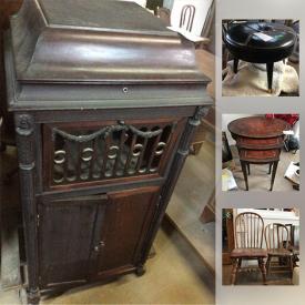 MaxSold Auction: This online auction features antique furniture such as a velvet settee, chest of drawers, 4 poster bedframe, Kareem sofa, barrister bookcase, curio cabinet, upright piano, ceramic kiln, cane chairs, chess table and game pieces, wooden rocking chair, wooden boxes, sideboard, framed mirror, upholstered chair, queen-sized wooden headboard, wooden doors and windows and much more!