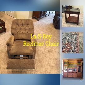 MaxSold Auction: This online auction features a La-Z-Boy sofa and loveseat, armchair, recliner chair, glass top coffee table, area rugs, matching table lamps, silk carpet from Turkey, Bassett entertainment center, desk, kitchen chopping table and more!