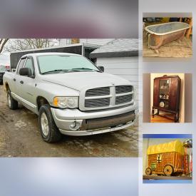 MaxSold Auction: This online auction features a 2005 Dodge Ram 1500 truck. ANTIQUE: 1890's Pullman train car copper tub with wooden surround; washstand. POWER TOOLS/SHOP TOOLS. VINTAGE FURNITURE: Dining room, waterfall cabinet, primative cabinet, drop front desk and more! YARD AND GARDEN: Wood chipper, Honda rototiller, Troybilt trailblazer, rain barrels, concrete sundial, fountain, statue. VINTAGE: Cookie jar and bar shaker, bar glasses; fire extinguisher and more! WESTERN HORSE TACK. CHINA: FRAUREUTE Dishes. COLLECTIBLE: Beanie Babies; Blue Mountain Pottery; model trucks; copper wall art. Danby bar fridge and much more!