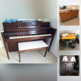 MaxSold Auction: This online auction features a Knabe piano, Wedgwood, prints, furniture, books, brass lamps, Henredon tables, side tables, vintage coffee table books, antiqued lamp shades, clear glass dishes, Fostoria glass, fine china, sterling and silver place serving pieces, cake stands, window treatments, mirrors, coffee pots, kitchen items, microwave, toaster, small kitchen appliances, cast iron, cookie jars, dress hats, vintage clothing, silverplate, wooden room divider, cherub decor, generator, wall fountain, plants, cast iron patio items, vacuum, electronics, art and much more!