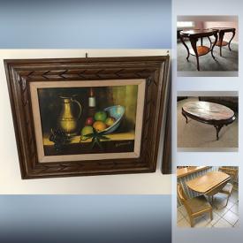 MaxSold Auction: This online auction features a coat rack, television stand, television sets, matching end tables, sofa bed, marble top cocktail table, framed wall art, wood dining room table, assorted chairs, painted yellow cabinet and more!