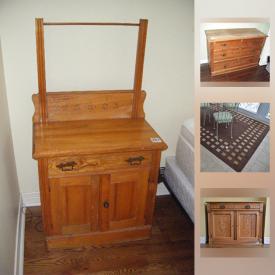 MaxSold Auction: This online auction features ANTIQUE: Dry sink, dresser, games table, Eastlake server and buffet, oak Jacobean chair, caned chairs; book. VINTAGE: Lyre back chair; oil lamps; rustic crate and lidded box. Furniture: Pine cabinet and harvest table; office furnishings; iron and glass patio; dining table and eleven chairs. ACORN CHAIRLIFT. LEADED STAINED GLASS WINDOW. TOOLS/POWER TOOLS/WORK SHOP: Craftsman scroll saw, router/sabre saw and more! YARD AND GARDEN and much more!