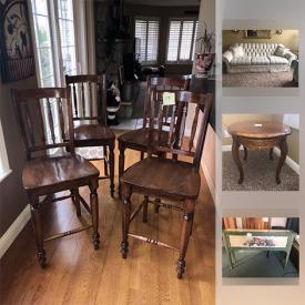 MaxSold Auction: This online auction features FURNITURE: Three seat damask sofa, light blue love seat, green buffet, white buffet and hutch, Antique chair and mirror, Metal patio table and chairs, counter height stools with backs and much more!