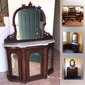 MaxSold Auction: This online auction features Marble Top Sideboard, Czech Urns, Royal Doulton Figurine, Antique Square Grand Piano, cranberry glass oil lamp style lamps, Tomlinson Desk, Dresser, Needlepoint Rocker, Dressing Table and much more!