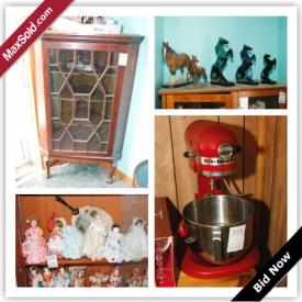 MaxSold Auction: This auction features Corner China Cabinet, SoapStone Carving, Peggy Nisbet Dolls, Writing Desk, Blue Mountain Pottery, China, Bombay Display Table, Doll Collections, Collectibles Showcase, Books, Horse Collectibles, Crystal, Wedgwood, Silver Plate, Costume Jewellery, Oil Lamps, Brass, Artwork, Corner Display Cabinet, Buffet And Hutch, Flatware, Kitchen Aid Mixer and much much more!
