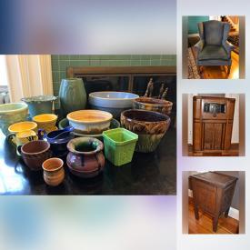 MaxSold Auction: This online auction features FURNITURE: Vintage oak bookcase, bentwood chair, carved oak storage box/table, wicker tables; Dining room suite consisting of a china hutch, buffet and mirror, table and six chairs; secretary; full size four-post bed. VINTAGE: Sheet music; books - children's and adults; 45 records; table linens - dolies and more! CHINA: Sango "Georgetown" incomplete service for 12. ART: Original by Nancy Donovan among others. COLLECTIBLE: McCoy planters, ceramics and pottery. TOOLS and more!