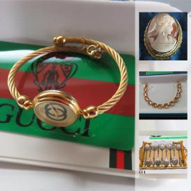 MaxSold Auction: This online auction features JEWELRY: Gucci watch with COA, two 14K gold and diamond rings, 10K gold and gemstone rings, vintage - ladies and mens watches, jade necklace, micro mosaic italian brooches; 14K gold cameo; antique cloisonne necklace and cameo. Furniture: Mid Century teak credenza, coffee and end tables. CHINA: Royal Doulton's "Arcadia" partial set for 8, as well as "Cadence" and "Bunnykins"; vintage Carltonware, Noritake and Nippon; signed Quimper plate; Evesham "Royal Vale"; Portmeirion "Botanic Garden" pieces. ART: Carved soapstone; antique painting; vintage watercolours; carved art glass by Inuit artist Siku. COLLECTIBLE: Miniatures - Wade, perfume, children's china; textiles - table linens - lace, embroidered and linen; sheet sets; chess boards; paperweights; brass bells; china florals; war and sports medals/pins; marbles; vintage fountain pens and mechanical pencils; Delft; Wedgwood Jasperware; handmade needlepoint tapestries. ANTIQUE: Crockery; Asian figurines; Imari plates; Victorian fan, pine rocking chair. STERLING VANITY SET. GLASS/CRYSTAL: Art glass - Makora and Murano; Swarovski "Pierrot" figure with COA; Amethyst glass; Fenton hobnail; Wedgwood decanter; cornflower; Kosta Body bar set; vintage pinky/peach berry bowl set; vintage Anchor Hocking/Fire King/Pyrex; carnival; sterling silver overlay serving pieces and much more!