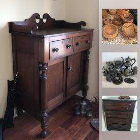 MaxSold Auction: This online auction features baskets, antique tools, Antique Cherry Press Cupboard, McCoy mugs, McCoy cookie jar, Antique and Vintage Pewter teapots, Vintage Bassett Furniture Co Chest and much more!