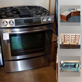 MaxSold Auction: This online auction features Ladderback rush seat dining chairs and trestle dining table; striped sofa; wood storage and seating boxes. Jennair gas oven/stove. Longaberger ceramics and basket holders and more!