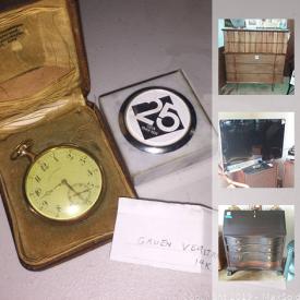 MaxSold Auction: This online auction features Antique Secretary Desk, Antique Wall Clock, Dresser, teacups and saucers, MCM China Cabinet, Cuckoo Clock, Clarinet, Philco Radio, 14kt Gold pocket watch, stained glass hanging light and much more!