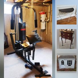 MaxSold Auction: This online auction features EXERCISE EQUIPMENT: Weider Universal Weight System, Edge fitness bike. FURNITURE: Dining table and 4 chairs; bedroom pieces; office suite; patio table. GLASS/CRYSTAL: Wall mounted Waterford bathroom light fixture and serving dish; handmade glass bowl fro, Talin, Estonia. OUTDOOR SHED and much more!