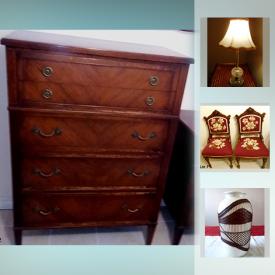 MaxSold Auction: This online auction features FURNITURE: Hespeler bedroom suite consisting of two twin sleigh beds, highboy and dresser with mirror; compact china cabinet; Eastlake style loveseat, arm chair and two slipper chairs. ART: Asian needlework and framed needlepoint. VINTAGE: Metal wood - looking trunk. COLLECTIBLE: Bossons; child's sleigh. GLASS/CRYSTAL: Cornflower, pinwheel, silver overlay. CHINA: Coalport's coral "indian Tree" plates plus more! Nespresso pod cappuccino/coffee maker; food dehydrator and much more!