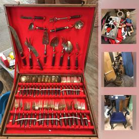 MaxSold Auction: This online auction features a vintage boxed set of gold and wooden handled flatware for 12. Real flame gel fireplace. CHINA: Denby stoneware. VINTAGE: Linens. COLLECTIBLE: Mickey Mouse; Lp's; tole tray; milk cans; cows, ducks, owls; Life magazines and much more!