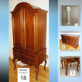 MaxSold Auction: This online auction features a dining room server, sofa, ceramic flower basket, end tables, end table lamp, mirrors, living room chair with wooden legs, ceramic flower base with pedestal, small bedroom drawer, bedroom makeup chair, night tables, dresser and more!