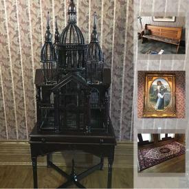MaxSold Auction: This online auction features a Iranian wool 5 X 9 carpet, brass lamps with torch lights, antique church pew, sultan wood bird cage, ornate Baroque furnishings; limited edition art; vintage bedroom dressers and more!
