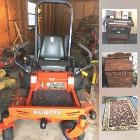 MaxSold Auction: This online auction features a Zero turn Kubota Lawn tractor. HUSKEE REAR TINE Rototiller, Power Tools - SEARS CRAFTSMAN TABLE SAW, JOINT/PLANER, snowblower attachment; antique sideboard, gun safe, Yamaha HS organ. Vintage 30's portable sewing machine in bentwood case and much more!