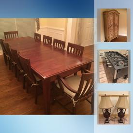 MaxSold Auction: This online auction features Electric Fireplace, Folding Chairs, Armoire, Dining Room Set, coffee table, Chair with slipcover, Drexel Heritage Lamp Table, Upholstered bench, Vintage needlepoint rug, Mahogany Wood End Tables/Nightstands, Make Up table, Foosball Table and much more!