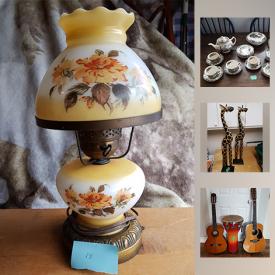 MaxSold Auction: This online auction features CHINA: 46 pieces Johnson Bros "Friendly Village" dishes; several tea sets. An antique brass lamp. Six and twelve string guitars and a bongo. COATS: Paul Magder fur, men's and ladies leather. CRYSTAL. TOOLS. YARD AND GARDEN. CUTLERY SETS. ELECTRONICS. COLLECTIBLE: Hockey cards; LP's and much more!