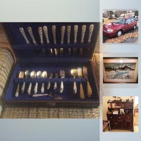 MaxSold Auction: This online auction features a 1993 Toyota Tercel. An Antique brass bucket. STERLING SILVER: Kirk "Repousse" flatware service for 16, several serving dishes and weighted pieces. Cable Nelson upright piano and bench. FURNITURE: Tollins flip-top desk with hutch, drop front secretary with needlepoint chair; needlepoint footstools; Mt Vernon drop leaf dining table, six chairs, Pennsylvania House buffet; 3 channel-back occasional chairs; Ethan Allen dry sink. VINTAGE: Sofa, chest of drawers; spring rocker; bamboo patio pieces. APPLIANCES: SPEED QUEEN DRYER, WHIRLPOOL WASHER. ELECTRONICS: Toshiba 32" HD LED TV in box, Sony stereo system in box. JEWELRY: Turquoise and sterling pieces as well as sterling; costume pieces. Much silver plate. CRYSTAL/GLASS: Miller Rogaska clock; Waterford egg, stemware, vases, heartbox and ornaments; Durand stemware; serving pieces. CHINA: Assorted fine bone china as well as a Portmerion bowl. ART: Original watercolours by JJ Alexander, Carolyn Blish and more! COLLECTIBLE: Scotties, trivets - both brass and cast iron; Danish teak salad set and tray; Royal Doulton figurines.; bone china florals. VINTAGE: Huffy "Ocala" women's bicycle and much more!