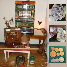 MaxSold Auction: This online auction features Coins from around the world: Silver Spanish coin. 475000 South African paper money. Antique Apothecary scale; Yamasa slot machine / bingo machine; gold mining pan; signed duck decoys and much more!