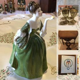 MaxSold Auction: This online auction features an antique walnut table, Royal Crown Derby figures, Swarovski figures, Wedgwood pitcher, Waterford crystal, Paragon teacups, Swarovski crystal earrings, prints, pine mirror, brass floor lamp, Royal Doulton figures, pine bench, wooden hall table, plant stand, silver plate reproduction and more!