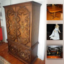 MaxSold Auction: This online auction features ANTIQUE: Bedroom suite. Victorian washstand set; books. VINTAGE: Furniture - oak cabinet, MCM china cabinet, two washstands; hall tree; many floor and tabletop radios - RCA, Stewart Warner, Spartan, Serenade and more; Eatonia carpet sweeper, Johnson Wax floor polisher; fire extinguisher; washboards; clocks. COLLECTIBLE: Vintage apothecary collection; Figurines - Dresden, Nao, Laura's Attic and many more; Dolls - Shirley Temple, Bessie Pease Guttmann; cereal boxes; cookie jars; plates; Toys - including Furby's; Titanic related collection; ephemera. CHINA: Vintage Sango "Quadrille" dish set; Limoges apothecary jars; Japanese tea set; Turi "Lotte", Norway dishes; Royal Albert "Val Dor" tea set; tea cup sets - plus much more! GLASS: Vaseline, Carnival, vintage stemware, serving pieces. FURNITURE: Black laquer Asian themed pieces; leather sofa bed and more! APPLIANCES: Amana and White Westinghouse fridges, Whirlpool stove, Maytag dishwasher, Kenmore washer and dryer. ART: Italian mother and child bas relief; framed antique 1884 London news; framed Spike & Mike comic cover; needlepoint; stained glass and much more!