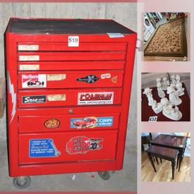 MaxSold Auction: This online auction features a Snap-on rolling tool chest. Red enamel chest. Dyson Rootcycle and Bissell carpet cleaner. Singer Inspiration sewing machine. FURNITURE: Entertainment units, living room pieces, vintage secretary, black wicker, white pieces, bevelled glass display table. Electric fireplace; stereo components. Camera equipment. COLLECTIBLE: 2 new Lionel train cars; many Precious Moments figures; hammered aluminum tray; vintage Pyrex bowl. CHINA: Mikasa "Charisma" incomplete service for 8; Bunnykins mug and much more!