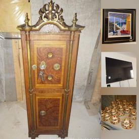 MaxSold Auction: This online auction features ANTIQUE: Brass and iron safe, Singer treadle sewing machine in cabinet. ART: Hua Chen giclee; original watercolor and acrylic by George Boyes; Rhodesian sandstone sculptures. FURNITURE: South African Imbuia wood pieces - flatware chest, stool, occasional table; Leather Regent swivel rocker/recliner, two reclining love seats; wicker bedroom suite; glass and steel dining table and six chairs as well as a dining room suite consisting of a table, chairs and solid oak sideboard. ELECTRONICS: Three Samsung TV's - 55", 46" and 26" and accessories. Brentwood freezer. Broilmate BBQ. CHINA: Liling "Yung Shen" dish set; Royal Albert "Lady Hamilton" tea cups and cake plate; Noritake "Sonia" tea cups. SPORTING GOODS: Three sets right hand golf clubs and bags; Head Scorpio skis and travel bag. COLLECTIBLE: Copper pots; Waterman pen; "Princess" Beanie Baby; pottery and much more!