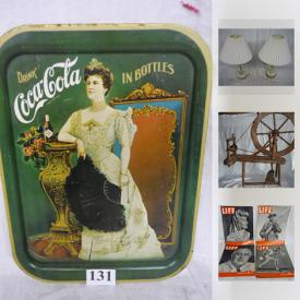 MaxSold Auction: This online auction features ANTIQUE: Dutch mouth-blown gin bottle c1880; books. VINTAGE: Life magazines; hats; baby clothes; linens/lace; butter churn; sprinkler. COLLECTIBLE: Madame Alexander dolls, McDonalds, Barbie; Disney; souvenir spoons; train components; granite ware; Wade Tea Rose; coins/stamps; pinbacks/badges/pins; model cars. GLASS: Pear Tree pattern depression glass punch bowl, cake stand, cut/pressed serving pieces. CHINA: Royal Albert "Yellow Tea Rose" desert pieces; assorted. ART: Posters. Glass display case. Spinning Wheel. Tools and much more!