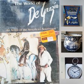 MaxSold Auction: This online auction features a huge amount of brooches and pins attached to a blanket. Signed Towle crystal decanters. A Degrazia book. Vintage fishing lures. Blue and white ceramics. Coats and jackets and much more!