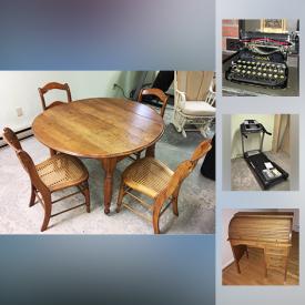 MaxSold Auction: This online auction features ANTIQUE: Oak drop leaf table and four chairs, 2 needlepoint seat chairs and 2 cane seat chairs; Majolica; Corona typewriter. VINTAGE: Eastman oak roll top students desk; crockery, ART: Jeanne Holgate complete set of Flowers of America Prints with custom wood storage case; Maxfield Parish prints in original frames. FURNITURE: White Wicker Florida Room Set. CRYSTAL/GLASS: Princess House, art, Waterford stemware; large amber glass jar; milk glass. CHINA: Haviland/Limoges dinner plates; 95 pieces Noritake "Alford" dish set; tea cups sets and assorted pieces. COLLECTIBLE: Steins/beer mugs; Goebel/Hummel; vintage lighters; pottery; ephemera; Norman Rockwell plates; Blue Mountain Pottery; table linens; Lladro; ceramics; tole trays; Lionel train tunnel; Cabbage Patch doll; milk can. TOOLS: Rockwell table saw. YARD AND GARDEN and much more!