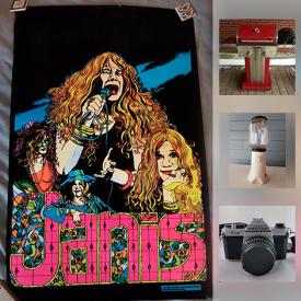 MaxSold Auction: This online auction features a Vintage coffee grinder, train wallpaper, 1975s Janis Joplin poster, table linens; GAMING: PS2 with 50 games, Nintendo and more! Pentax K1000 camera. Four string banjo and pocket trumpet; Samick guitar amp. JEWELRY: Sterling, costume. SEWING/CRAFTING/KNITTING. FOR KIDS and much more!