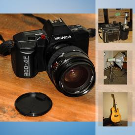 MaxSold Auction: This online auction features cameras, vintage camera equipment, photography lighting, printer, monitor, DVD players, vacuum, power tools, wall art, string guitar and much more.